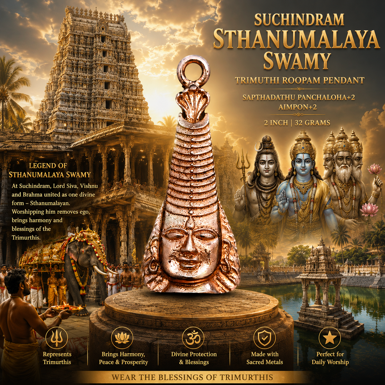 VPS-7LP1 - VanajaPujaStore Suchindram Sthanumalaya Swamy - Trimuthi Roopam (Shiva Vishnu Brahma) SapthaDathu Panchaloha+2 Aimpon+2 Pendant 2inch 32grams